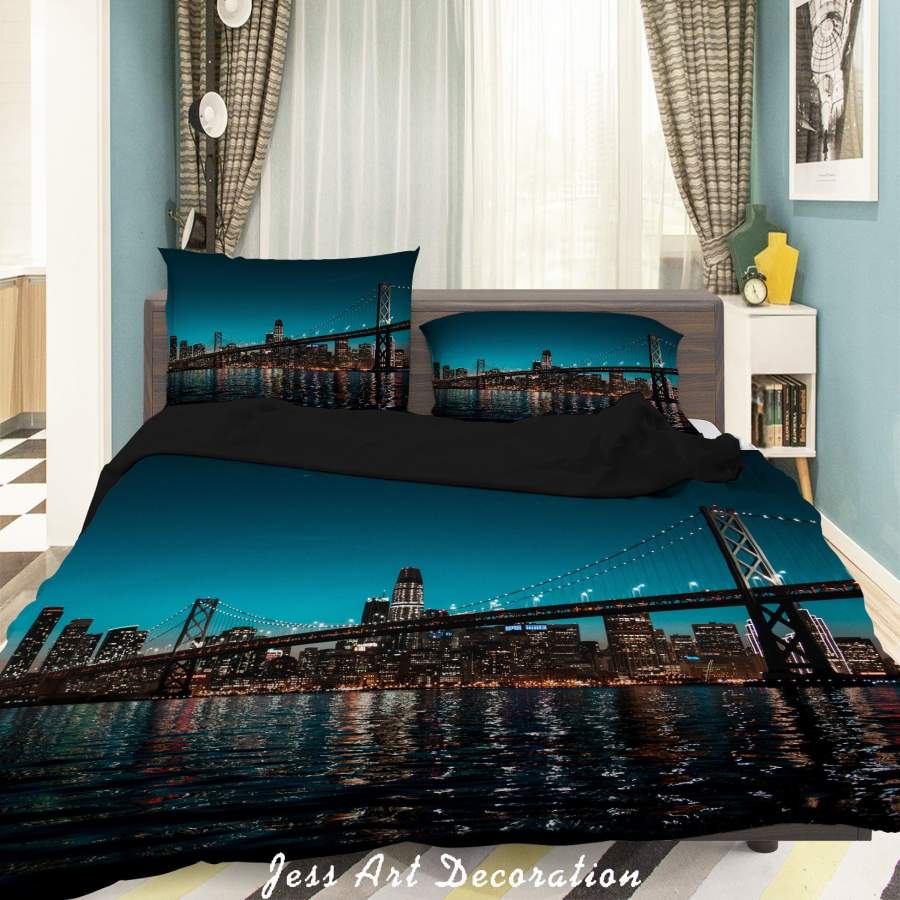 3D City Night View Cross Sea Bridge Quilt Cover Set Bedding Set Duvet Cover Pillowcases A093 LQH