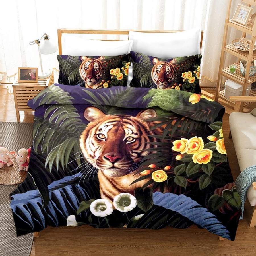 3D Tiger Yellow Flower Quilt Cover Set Bedding Set Pillowcases 91