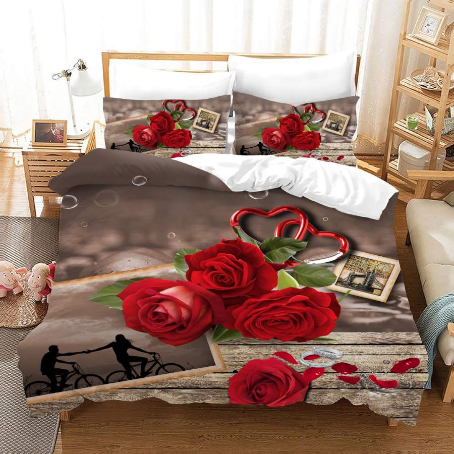 3D Love Red Rose Floral Quilt Cover Set Bedding Set Duvet Cover Pillowcases JN 1126