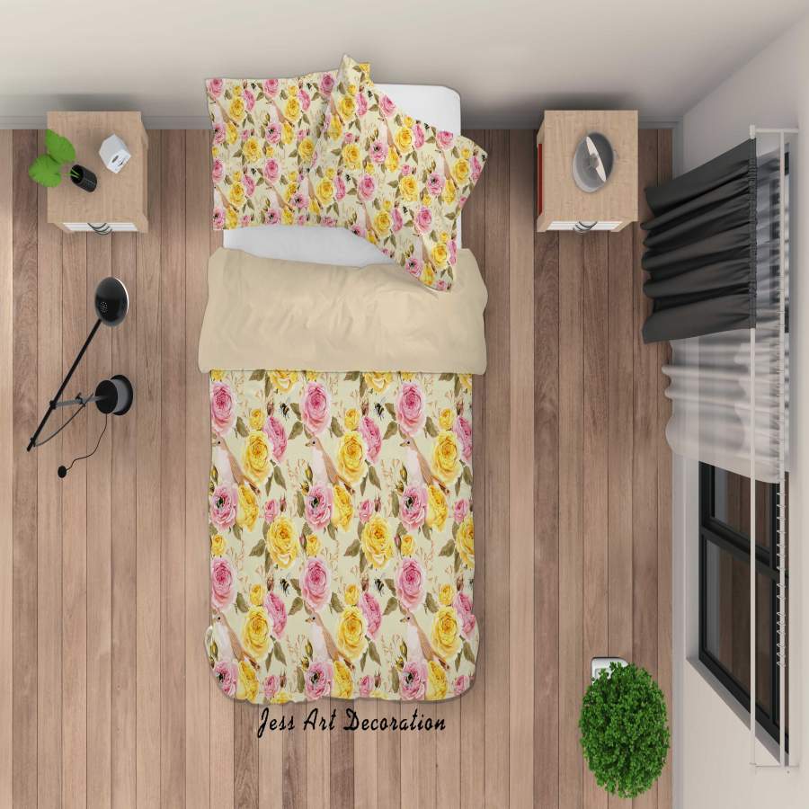 3D Yellow Pink Flowers Birds Quilt Cover Set Bedding Set Duvet Cover Pillowcases SF17