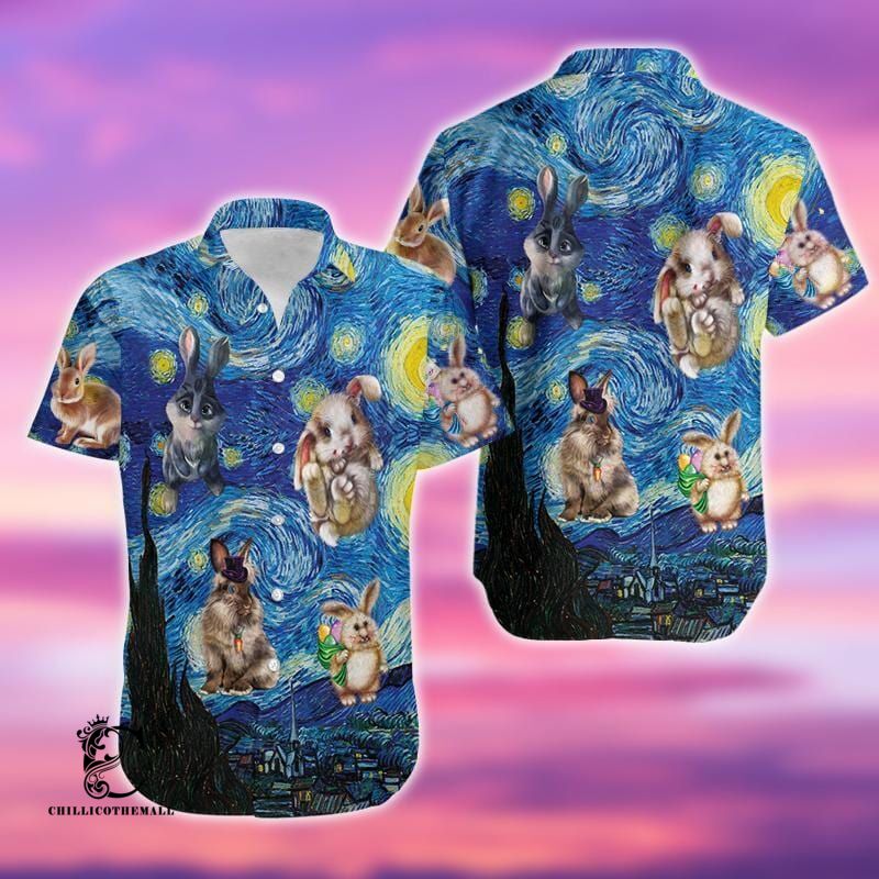 Van Gogh Bunny Starry Night Easter Day Hawaiian Aloha Shirts