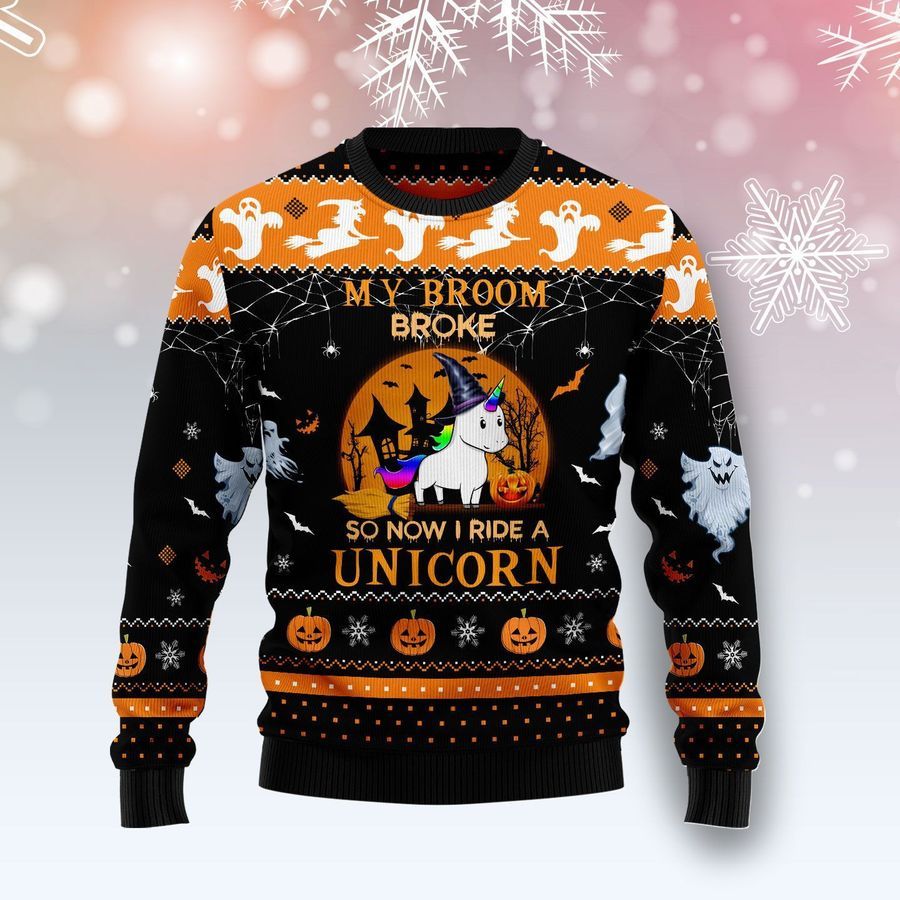 Unicorn Broom Halloween Ugly Sweater