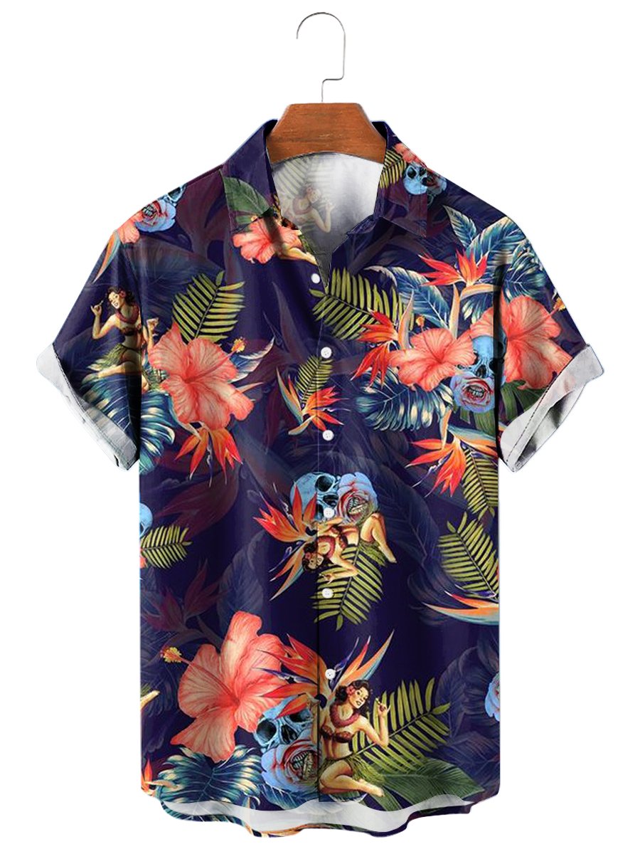 Tropical Skull Print Hawaiian Short Sleeve Shirt