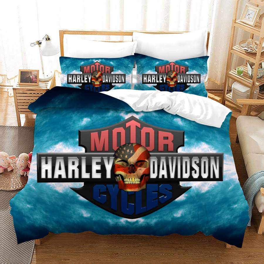 3D Blue Skull Harley-Davidson Motorcycles Quilt Cover Set Bedding Set Duvet Cover Pillowcases SF92