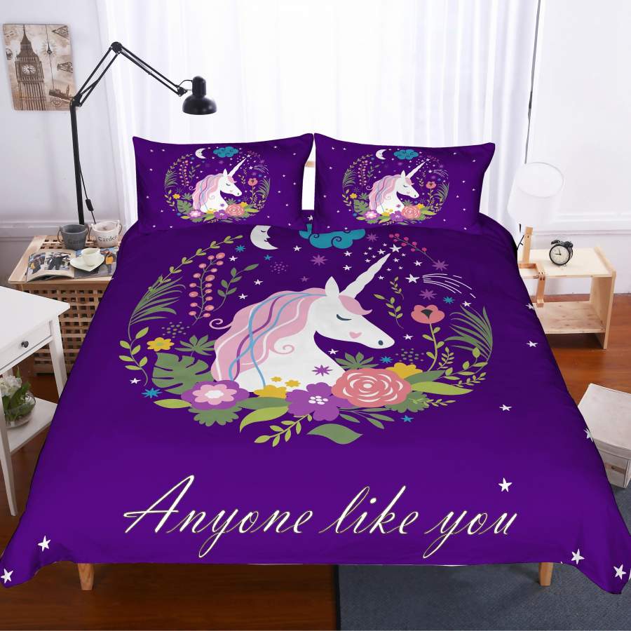 3D Cartoon  Purple  Unicorn  Quilt Cover Set Bedding Set Pillowcases