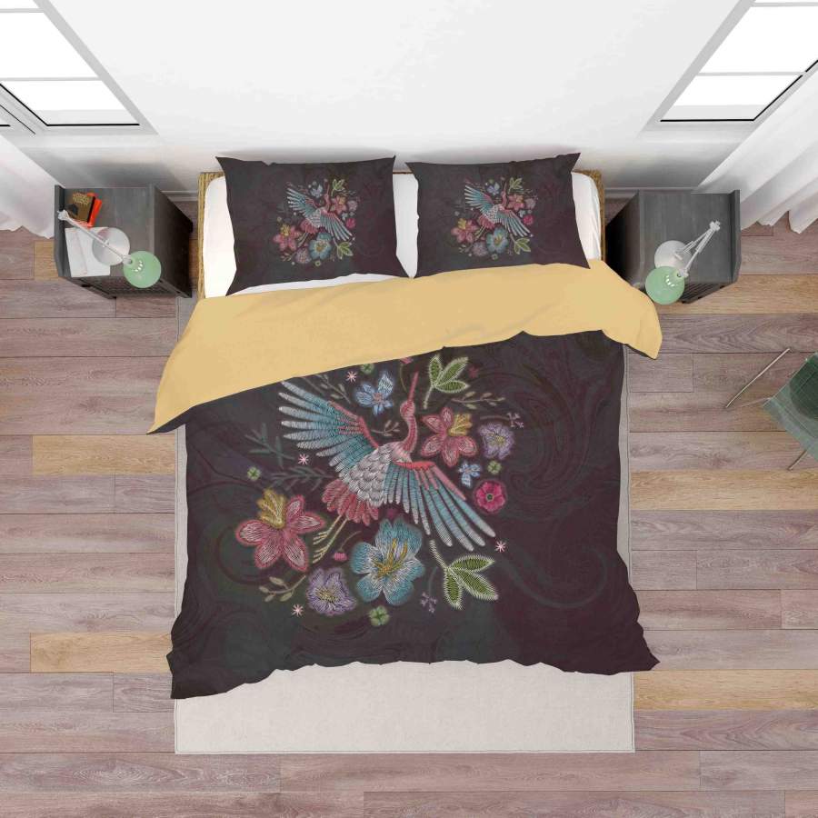 3D Black Embroidery Butterfly Crane Floral Quilt Cover Set Bedding Set Duvet Cover Pillowcases SF009