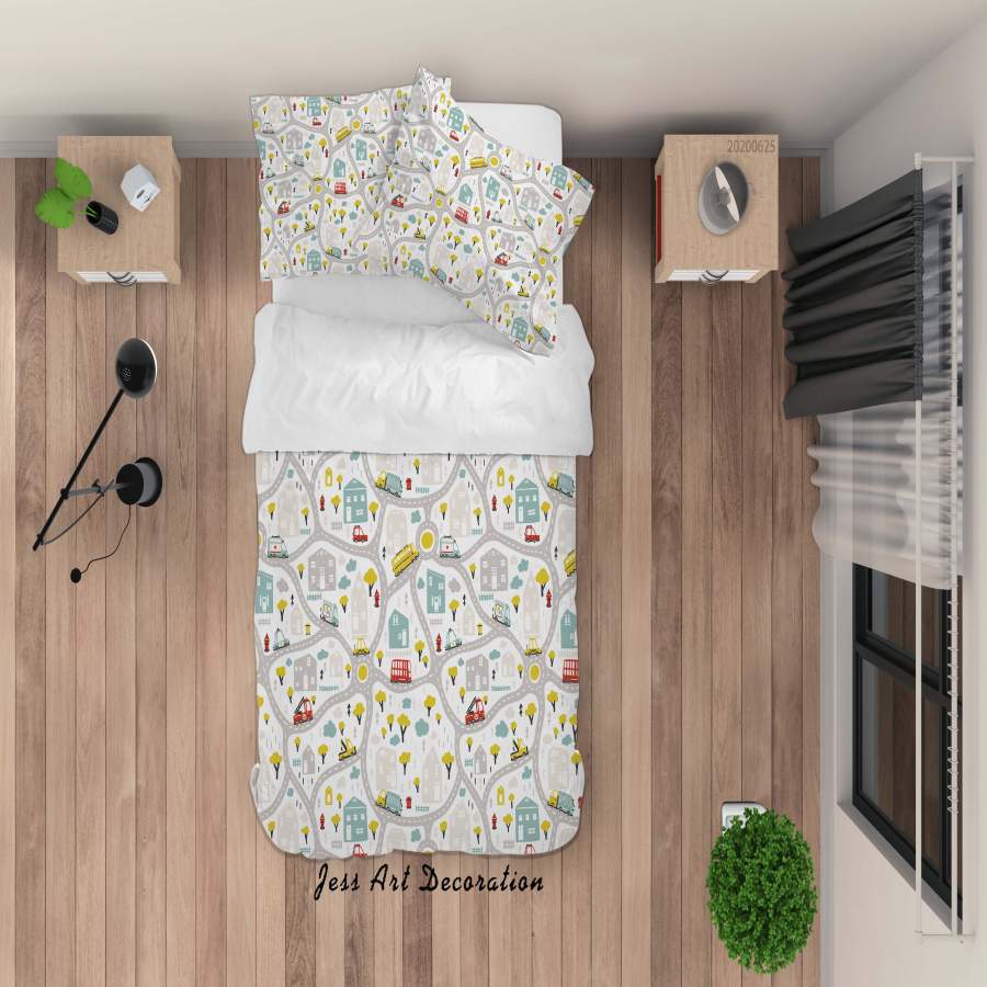 3D Car Bus Truck Trees House Cartoon Quilt Cover Set Bedding Set Duvet Cover Pillowcases SF19