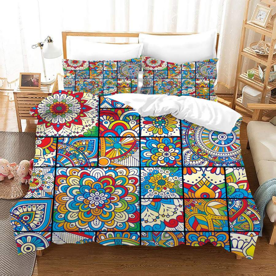 3D Colorful Medallion Floral Quilt Cover Set Bedding Set Duvet Cover Pillowcases JN 1100