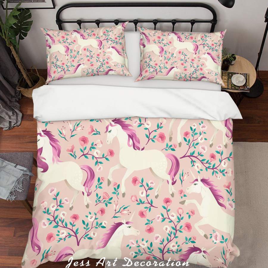 3D Cartoon Unicorn Floral Quilt Cover Set Bedding Set Pillowcases 62