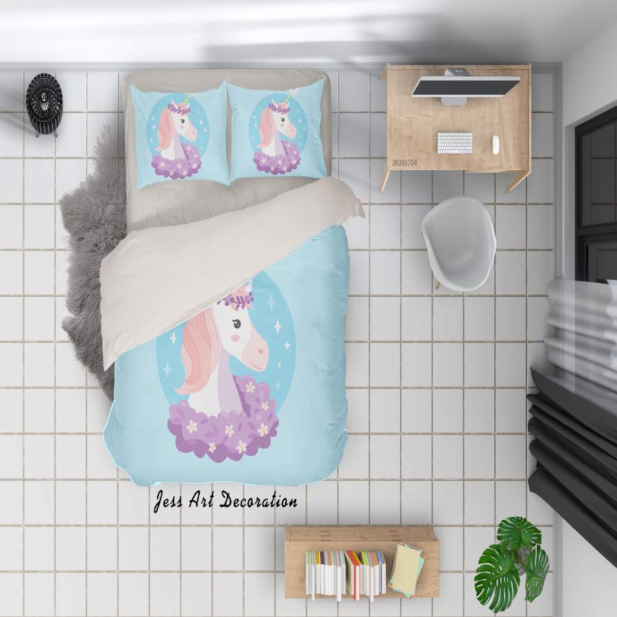 3D Blue Unicorn Quilt Cover Set Bedding Set Duvet Cover Pillowcases SF286