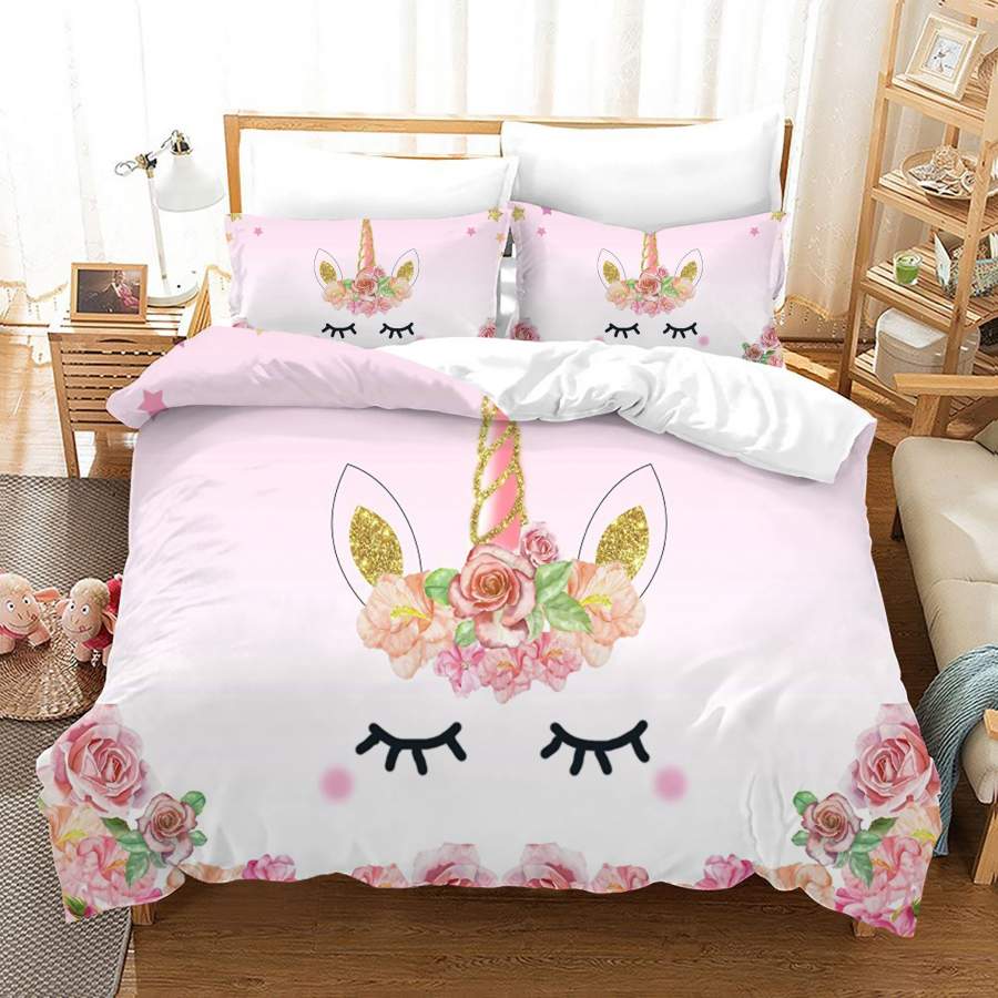 3D Rainbow Floral Cartoon Unicorn Quilt Cover Set Bedding Set Duvet Cover Pillowcases JN1041