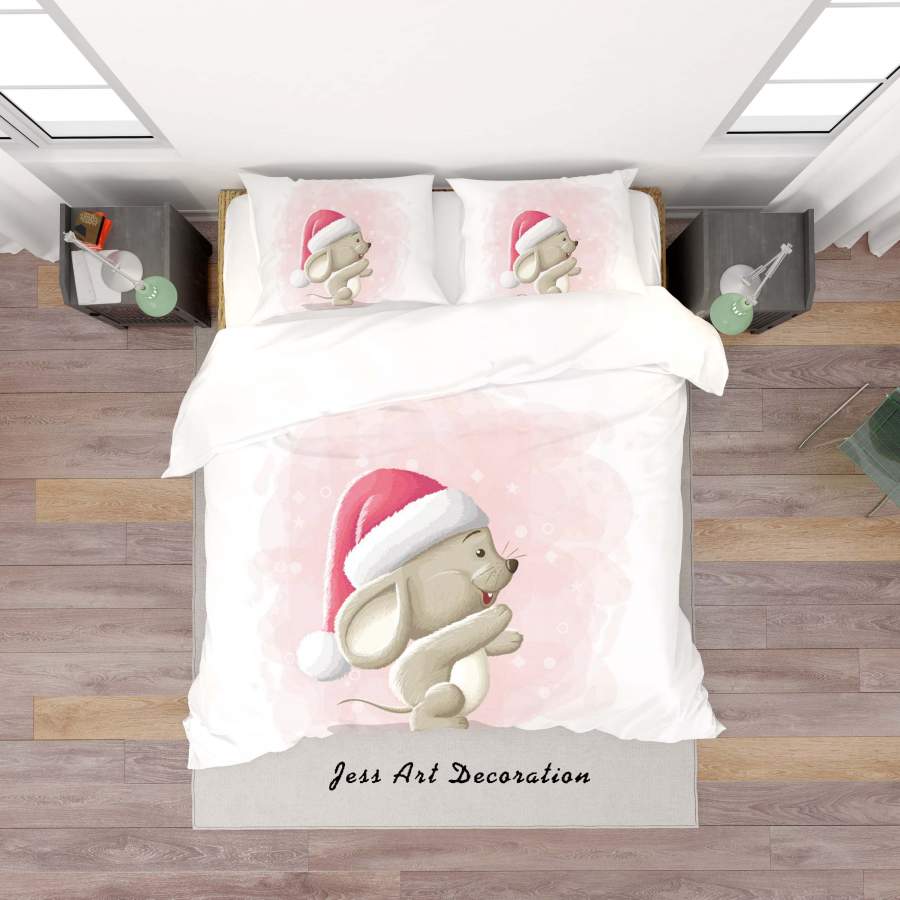 3D White Mouse Christmas Hat Quilt Cover Set Bedding Set Duvet Cover Pillowcases SF43