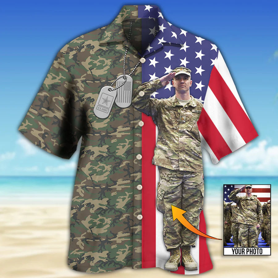 Us Army Tropical Us Flag Custom Photo Hawaiian Shirt