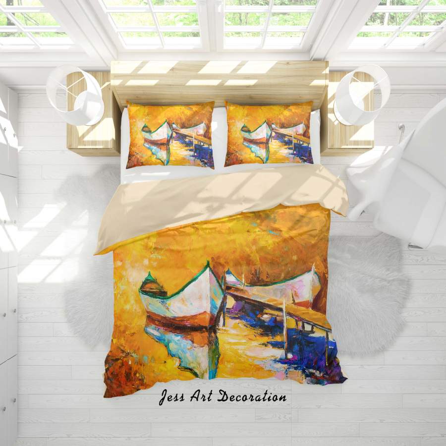 3D Boat Yellow Oil Painting Quilt Cover Set Bedding Set Duvet Cover Pillowcases A046 LQH