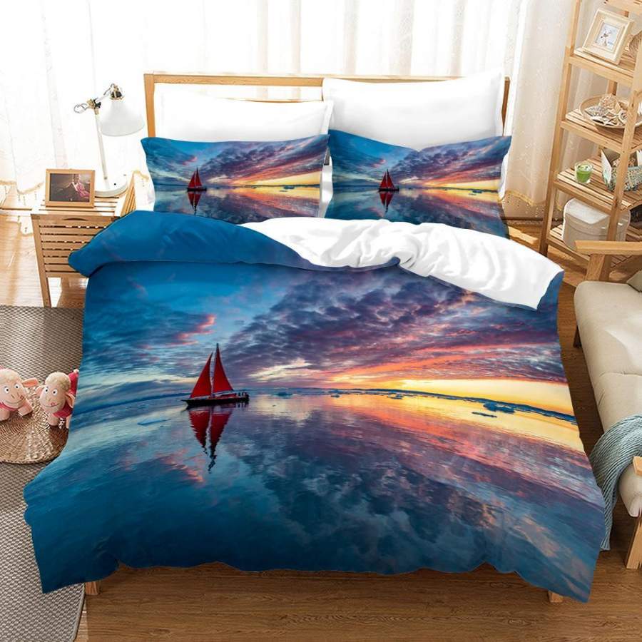 3D Sea Sailboat Rosy Clouds Quilt Cover Set Bedding Set Duvet Cover Pillowcases A530 LQH