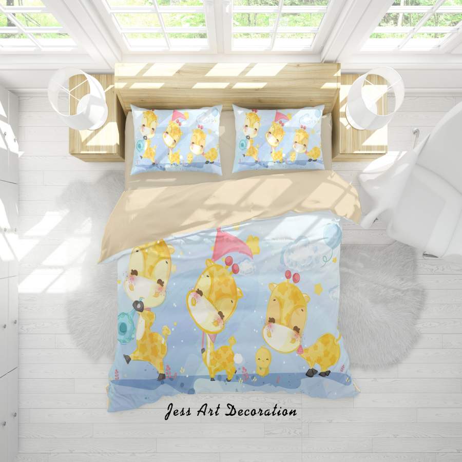 3D Cartoon Giraffe Blue Quilt Cover Set Bedding Set Duvet Cover Pillowcases A336 LQH