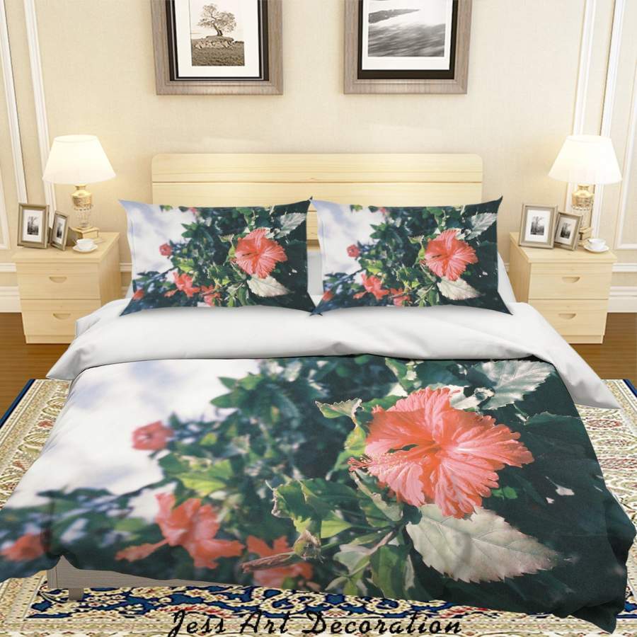 3D Red Flowers Green Leaves Quilt Cover Set Bedding Set Duvet Cover Pillowcases LQH A78