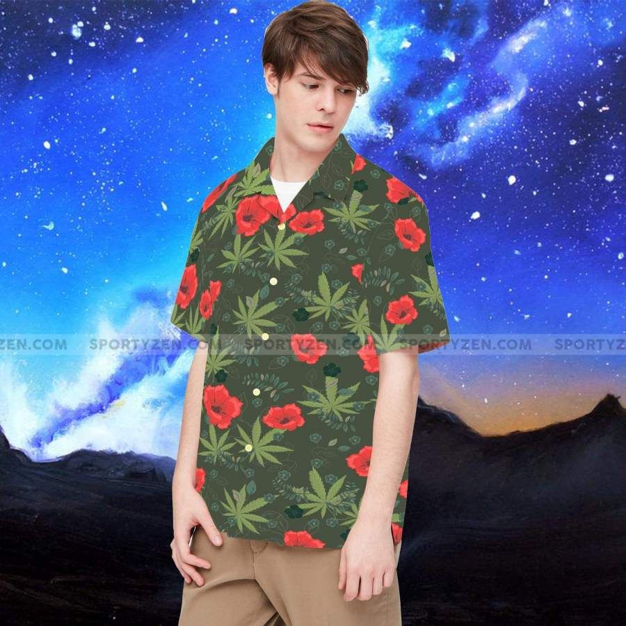 Weed Red Flower Tropical Hawaiian Aloha Shirts #178v