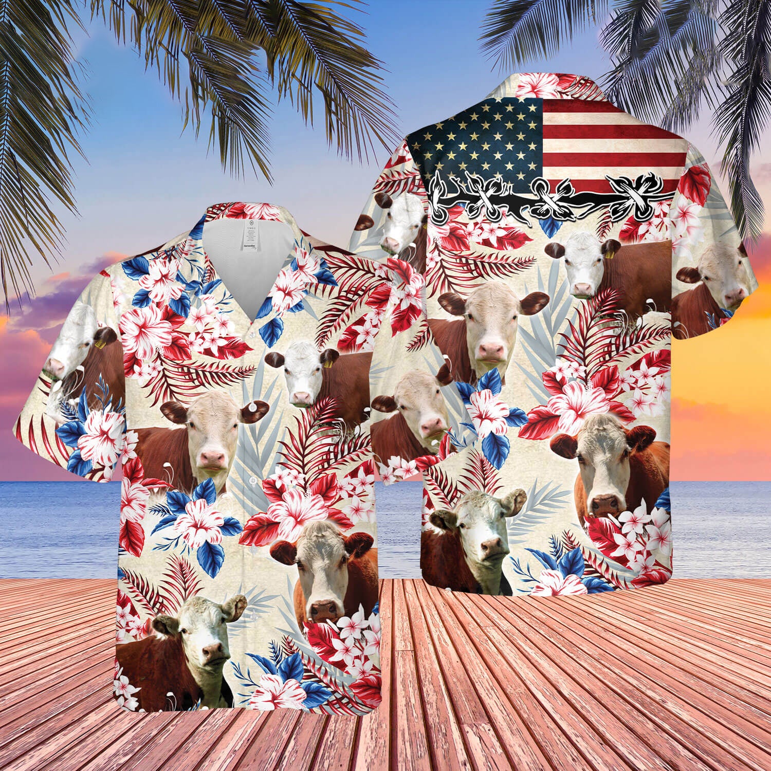 Unique Hereford Cattle American Flag Hawaiian Flowers All Over Printed 3D Hawaiian Shirt