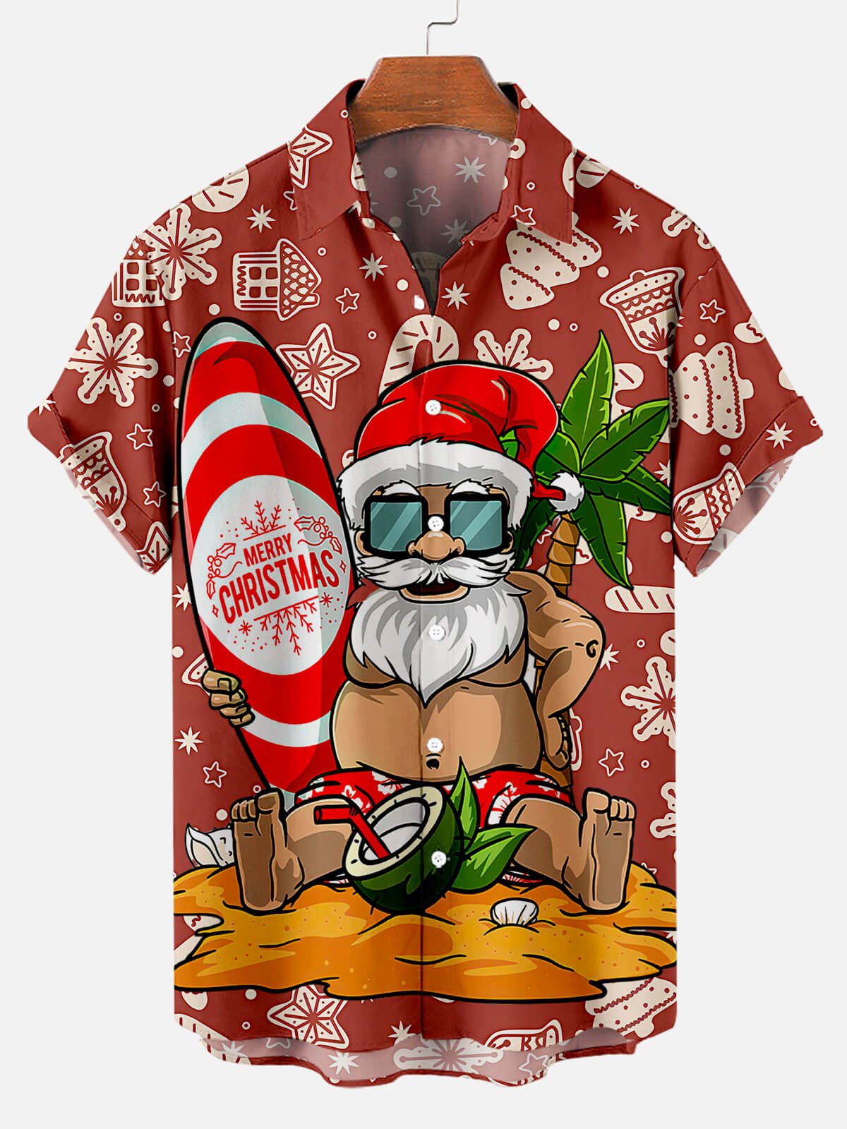 Surfing Santa Illustration Men’S Short Sleeve Hawaiian Shirt