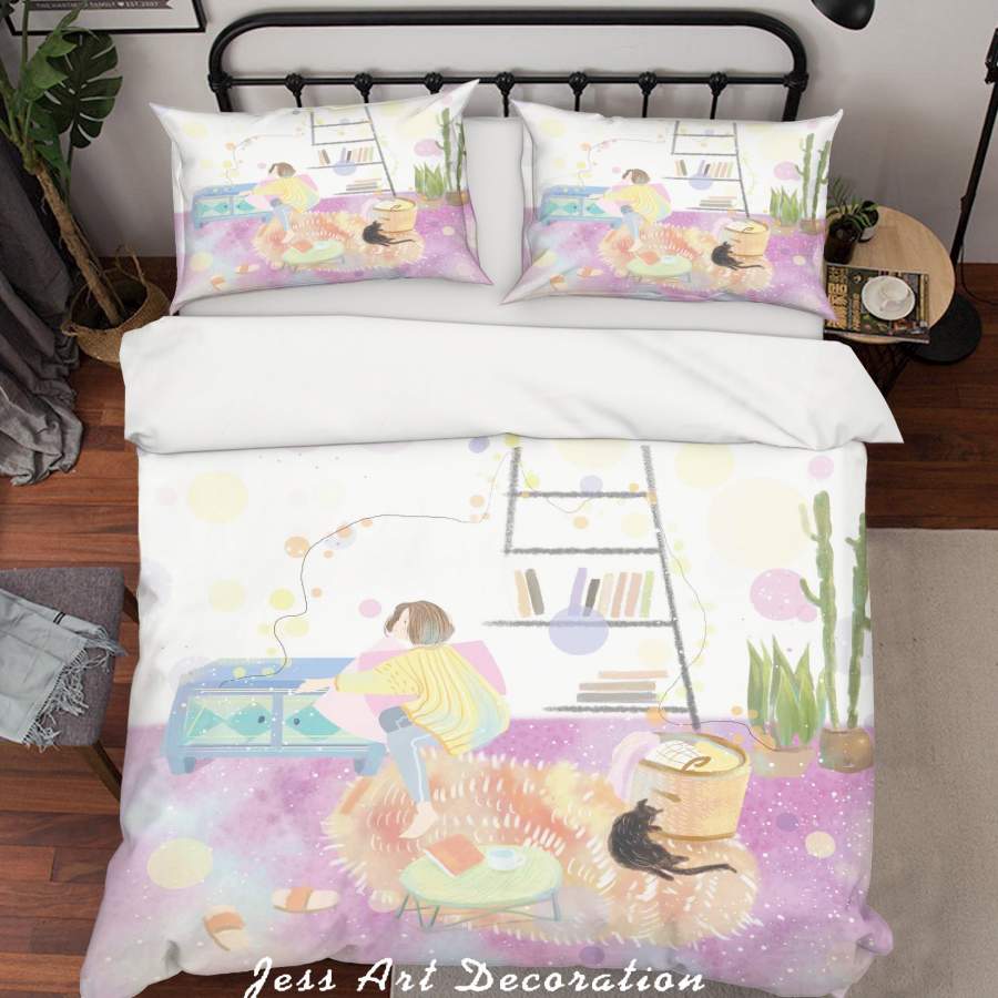 3D Girl Cat Purple Painting Quilt Cover Set Bedding Set Duvet Cover Pillowcases A527 LQH