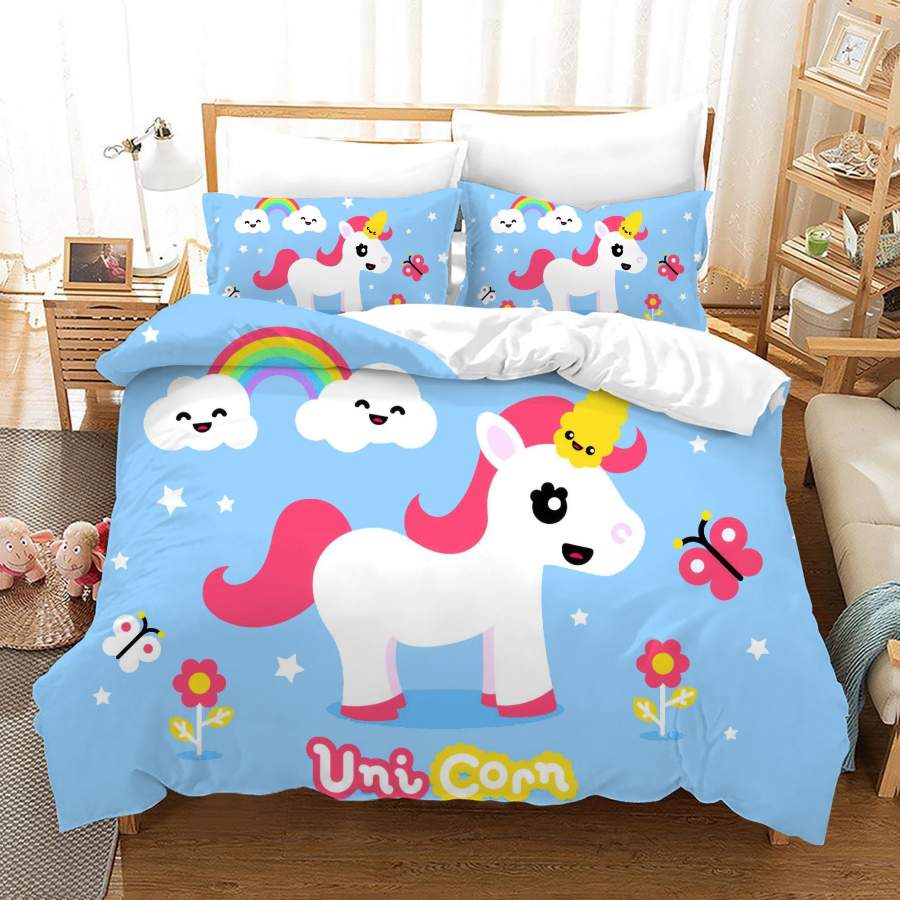 3D Blue Floral Butterfly Rainbow Cartoon Unicorn Quilt Cover Set Bedding Set Duvet Cover Pillowcases JN1045