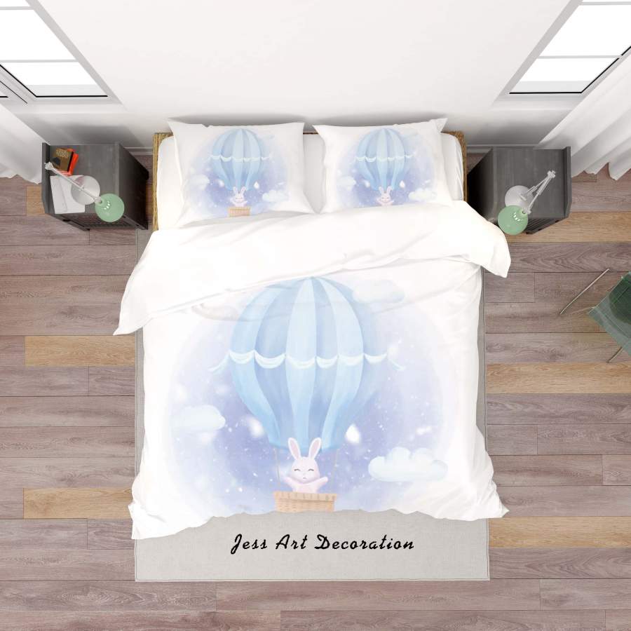 3D White Rabbit Hot Air Balloon Quilt Cover Set Bedding Set Duvet Cover Pillowcases SF51