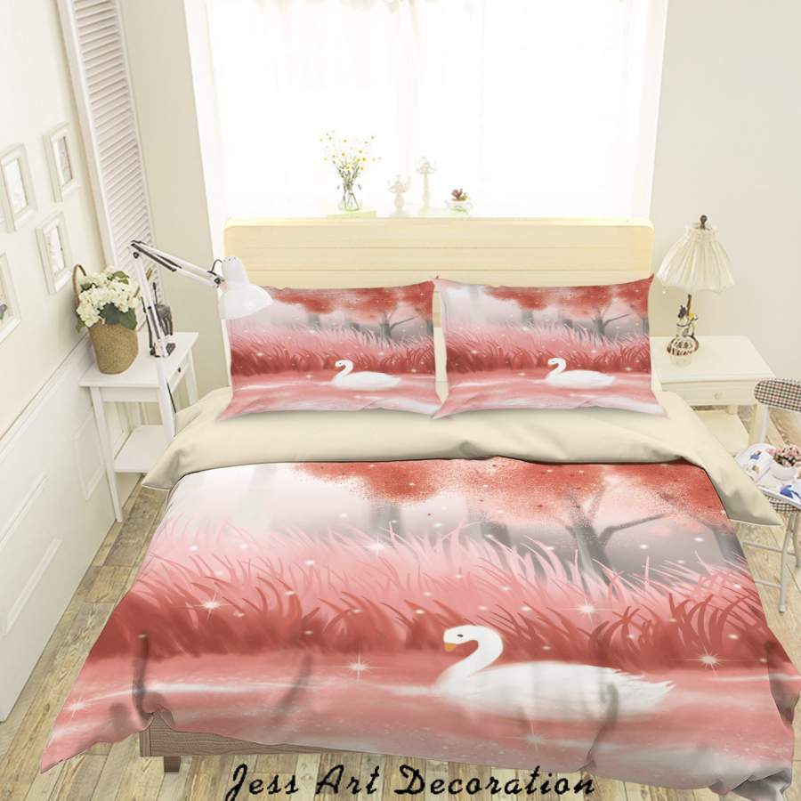 3D Cartoon Pink Swan Lake Tree Quilt Cover Set Bedding Set Duvet Cover Pillowcases A613 LQH