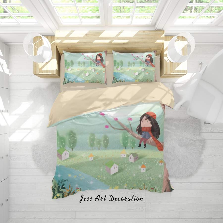 3D Girl House Tree River Painting Quilt Cover Set Bedding Set Duvet Cover Pillowcases A539 LQH