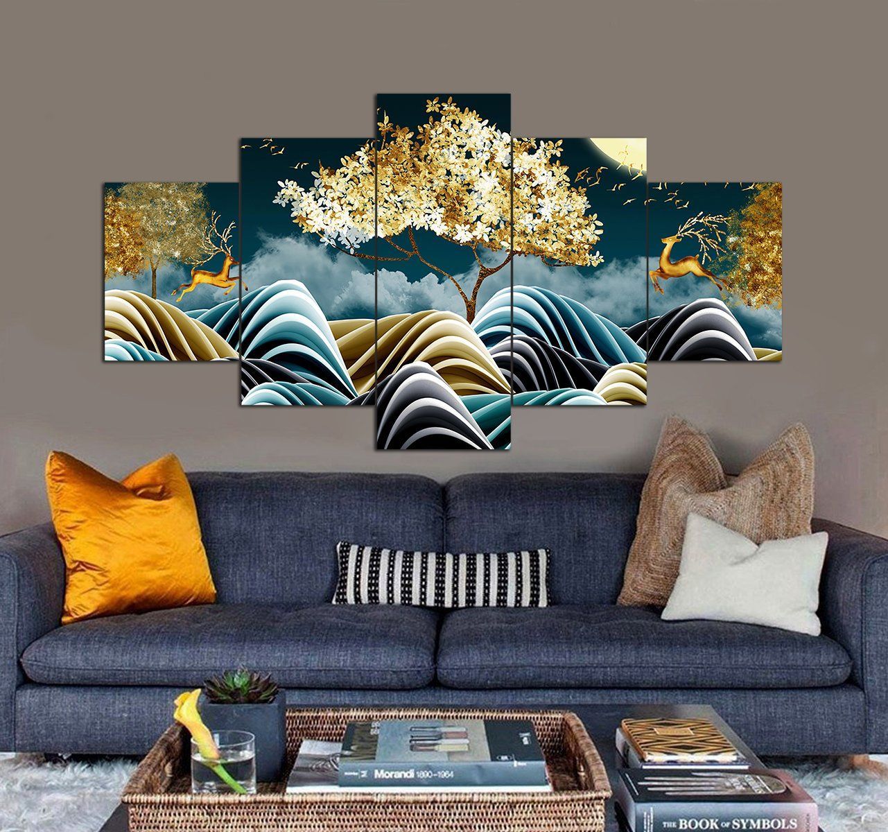 3D Illustration Of Golden Deer In The Mountain 3D 5 Piece Canvas Art