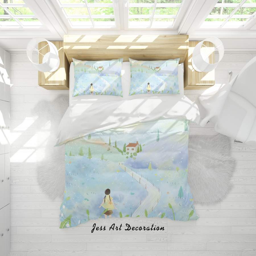 3D Blue Hillside House Girl Quilt Cover Set Bedding Set Duvet Cover Pillowcases A565 LQH