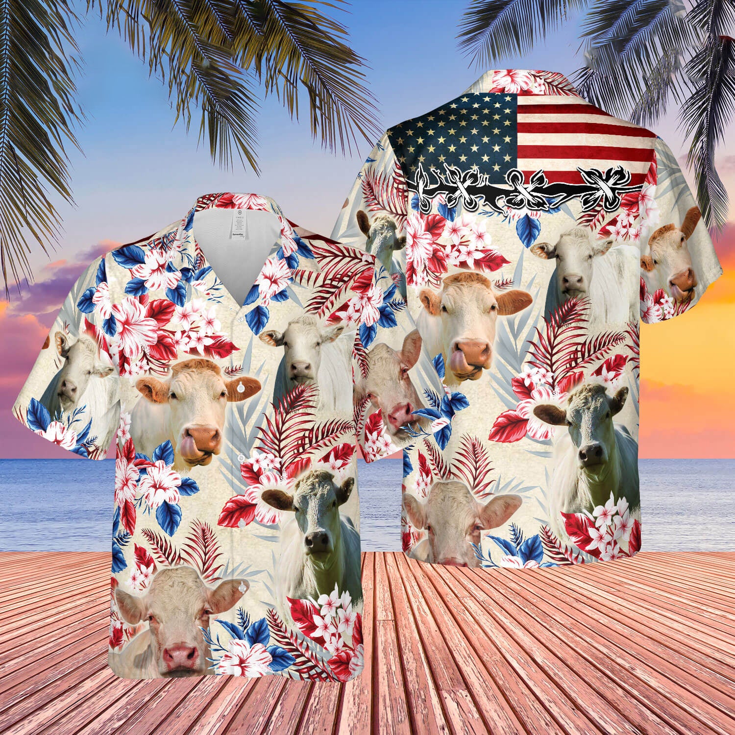 Unique Charolais Cattle American Flag Hawaiian Flowers All Over Printed 3D Hawaiian Shirt