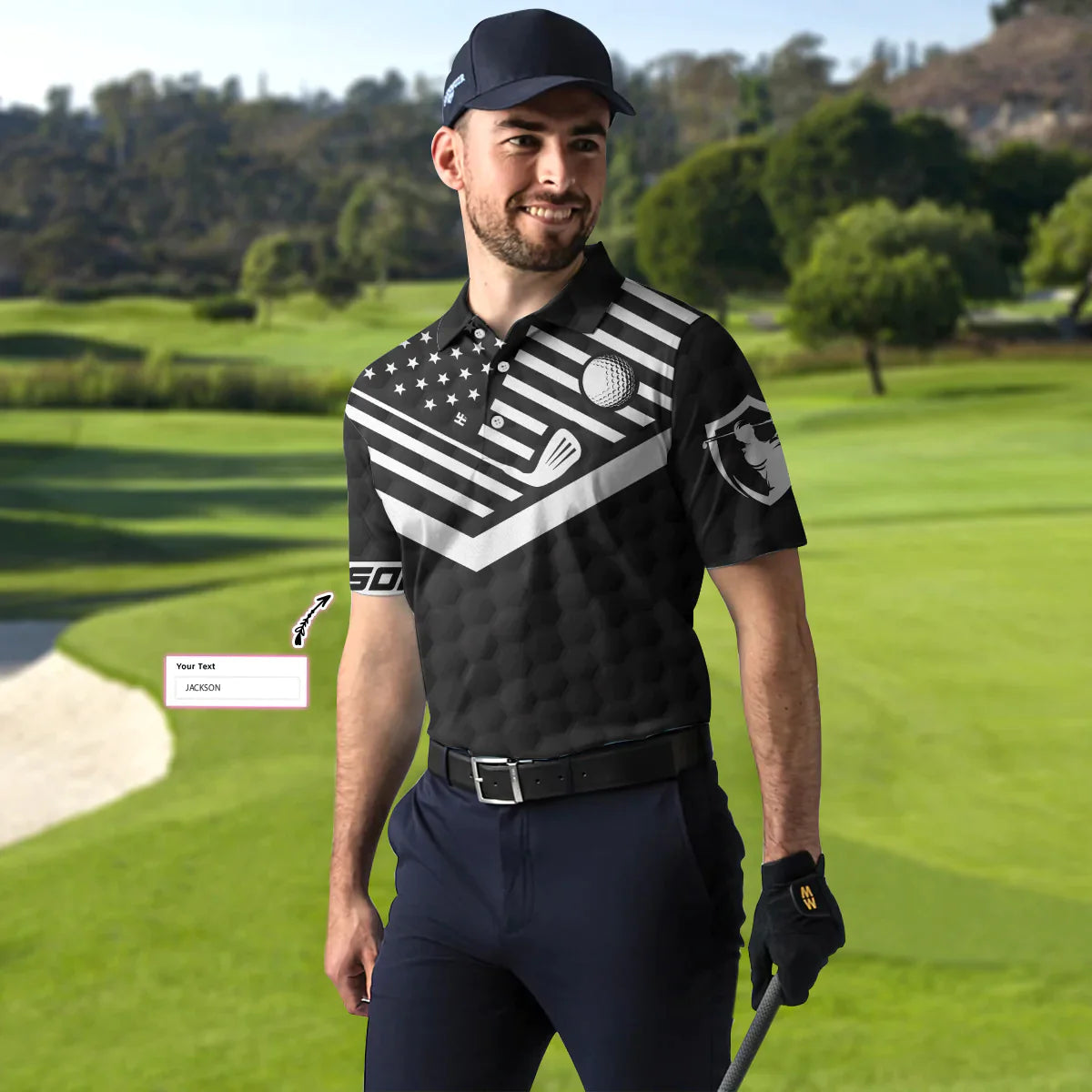 Personalized Black American Flag Golf Men Polo Shirt