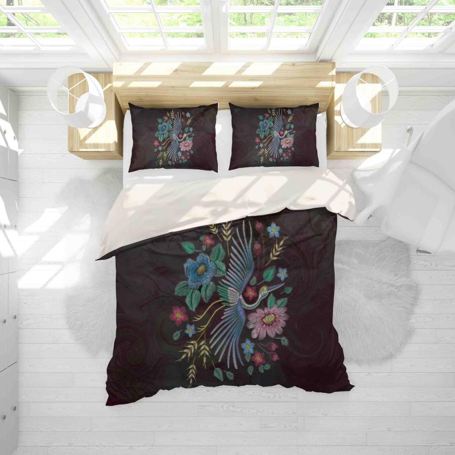 3D Black Embroidery Crane Floral Quilt Cover Set Bedding Set Duvet Cover Pillowcases SF008