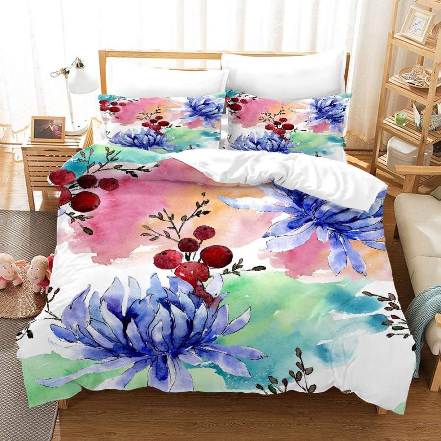 3D Watercolor Chrysanthemum Fruits Quilt Cover Set Bedding Set Duvet Cover Pillowcases SF33