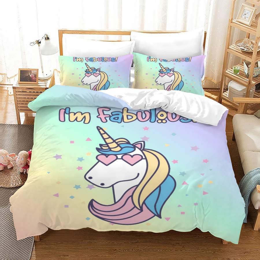 3D Rainbow Cute Cartoon Unicorn Quilt Cover Set Bedding Set Duvet Cover Pillowcases JN 1049