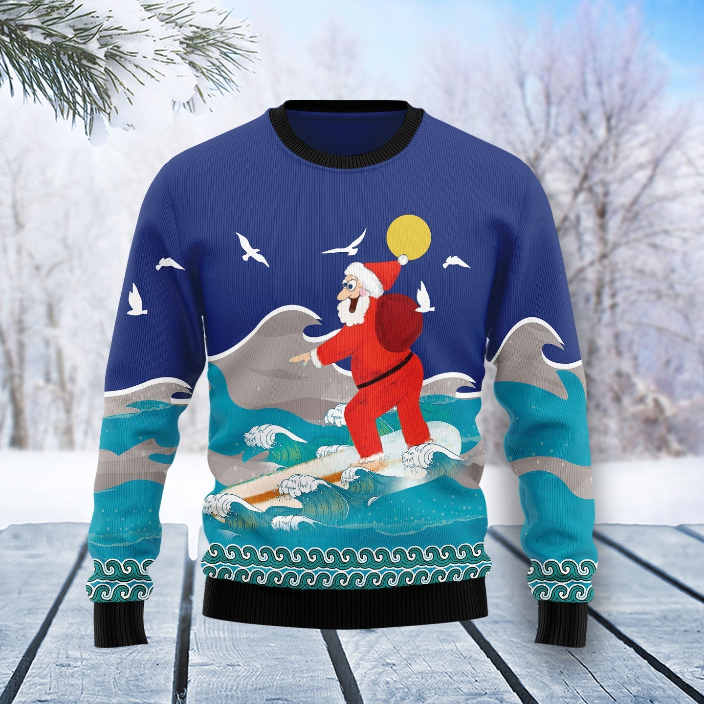 Surfing Santa Sees The Beach Christmas Funny Ugly Sweater