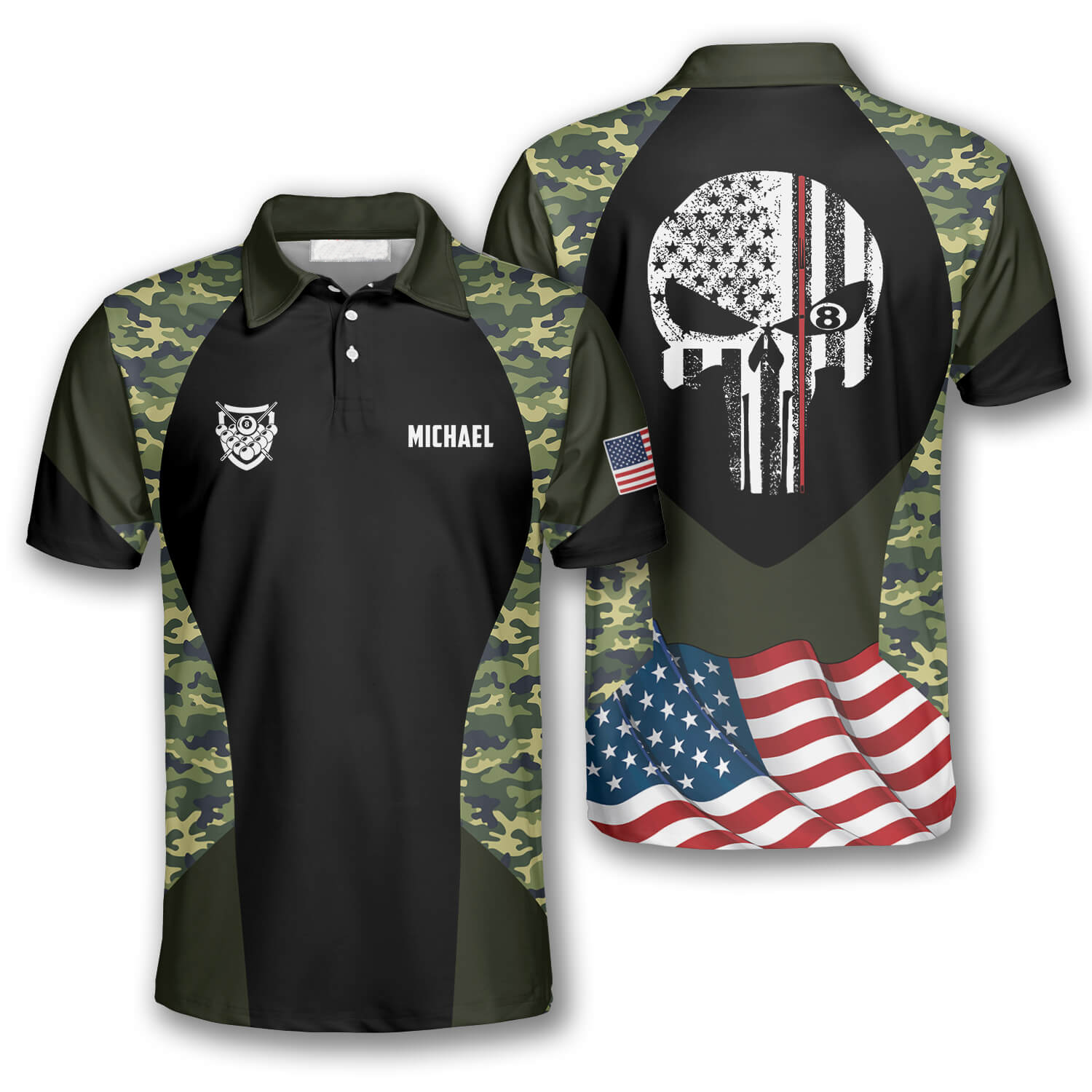 Personalized Billiard Camouflage Skull Flag Billiard Skull Polo Shirt