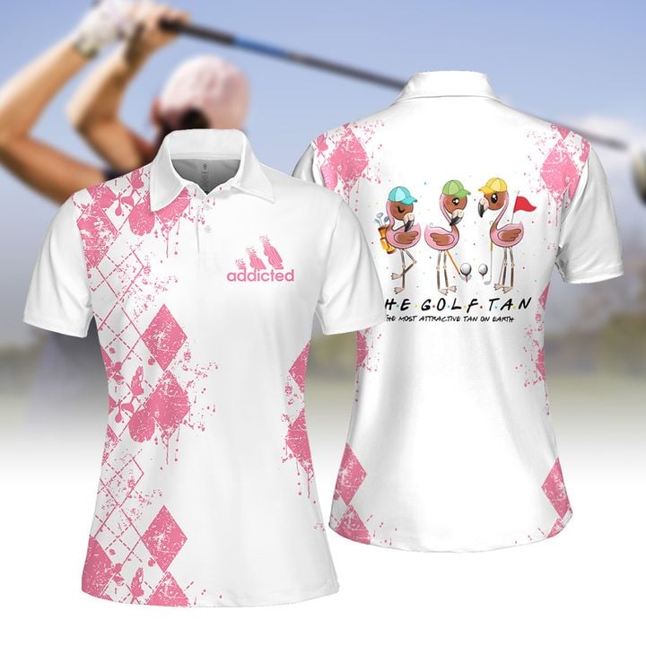 Addicted The Golf Tan Friends Flamingo Women Golf Apparel Polo Shirt