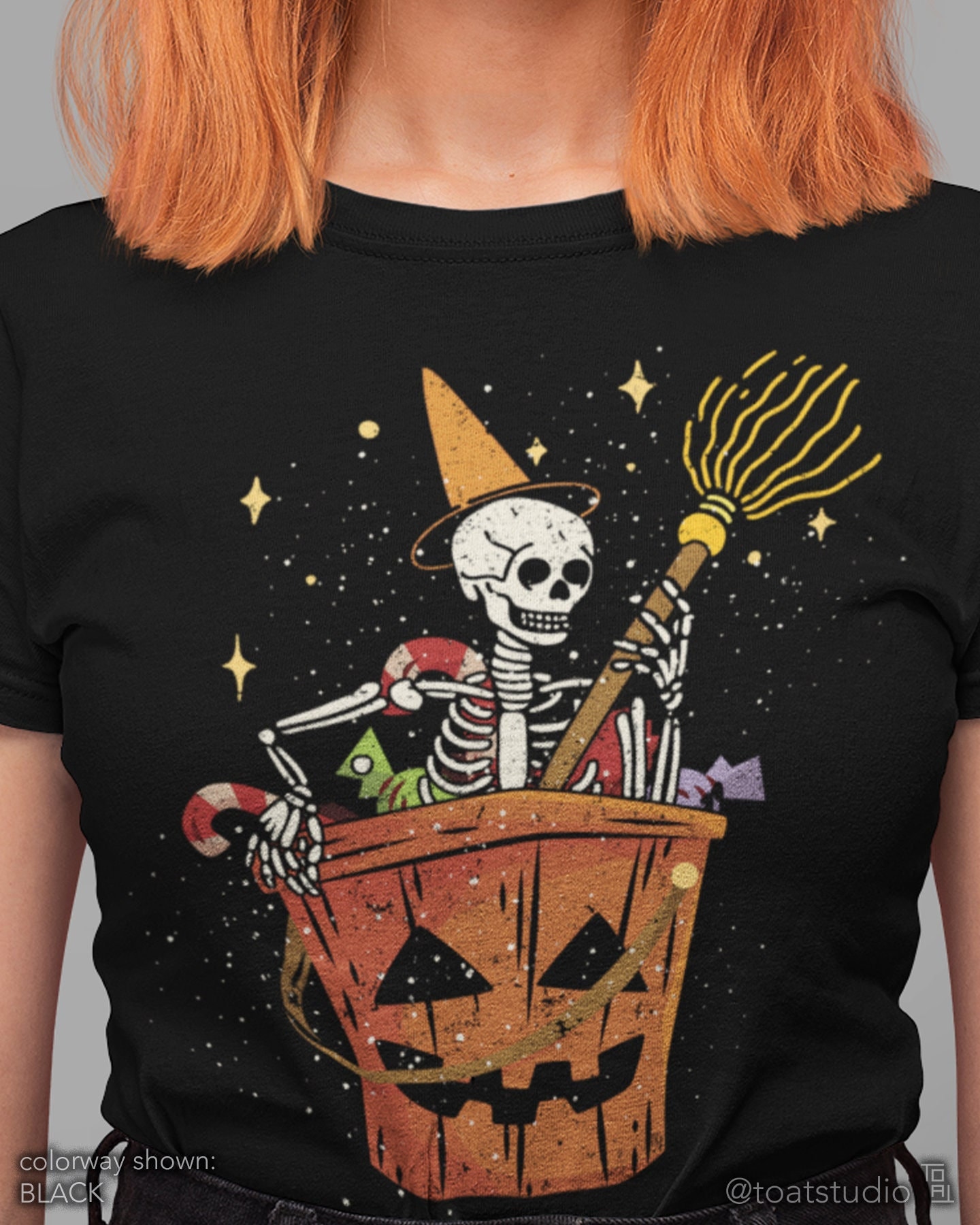 Tricked By Treats Witch Unisex T-shirt, Cute Funny Halloween Shirt, Candy Bucket, Skeleton Witch, Jack o lantern, Spooky Season, Fall Humor