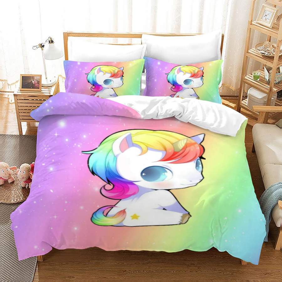 3D Cute Rainbow Cartoon Unicorn Quilt Cover Set Bedding Set Duvet Cover Pillowcases JN 1046