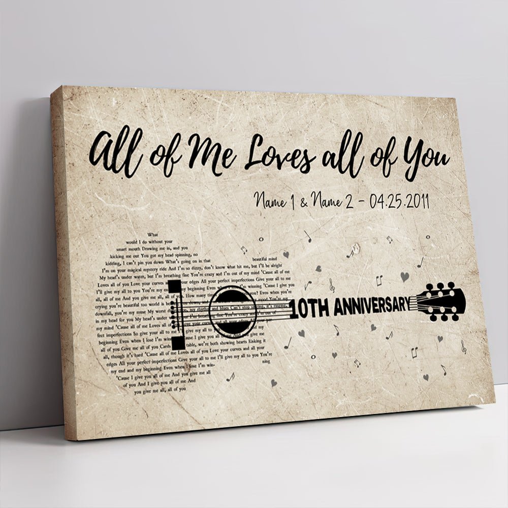 Personalized Tenth Wedding Anniversary Song Lyric Guitar Canvas