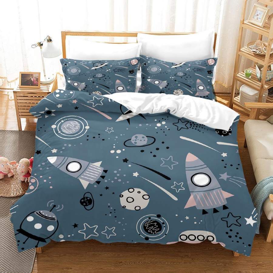 3D Cartoon Rocket Planet Star Quilt Cover Set Bedding Set Duvet Cover Pillowcases SF53