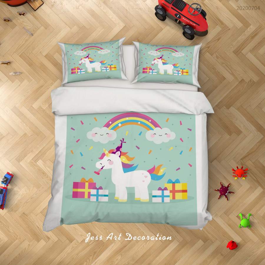 3D Green Unicorn Rainbow Gifts Quilt Cover Set Bedding Set Duvet Cover Pillowcases SF194