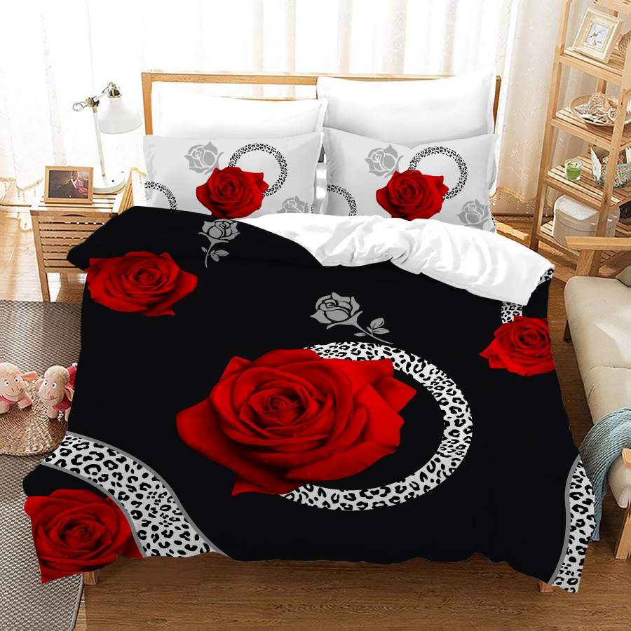 3D Black Background Red Rose Floral Quilt Cover Set Bedding Set Duvet Cover Pillowcases JN 1124