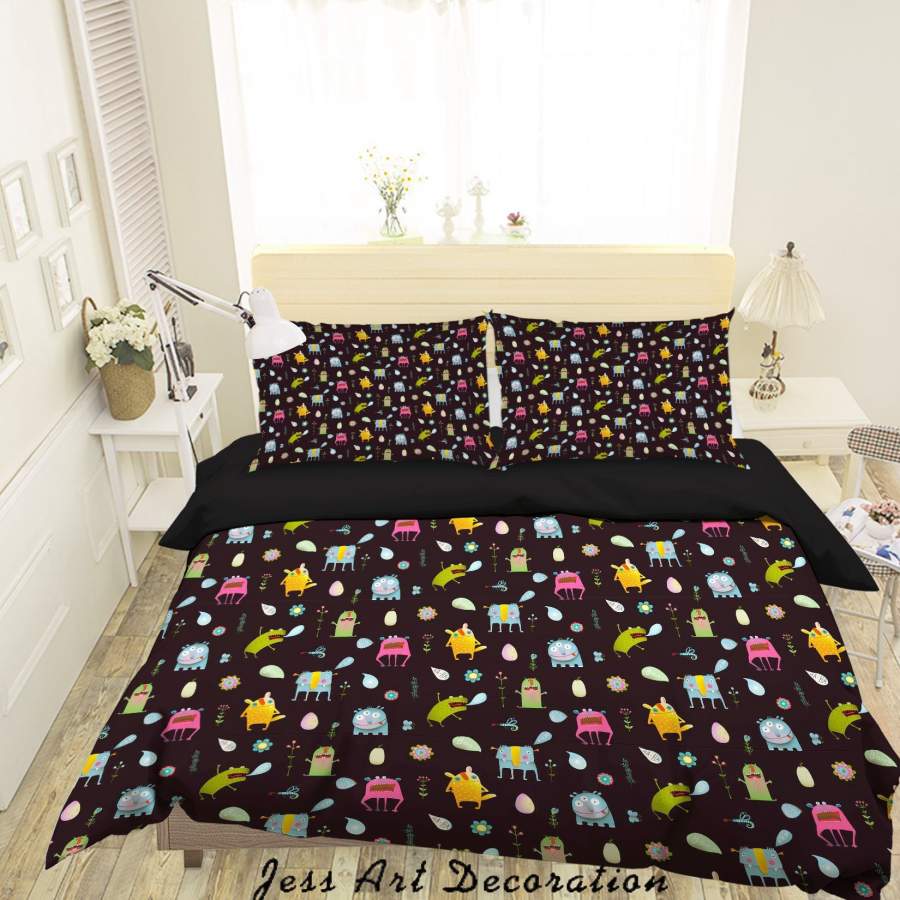 3D Cartoon Monster Black Background Quilt Cover Set Bedding Set Duvet Cover Pillowcases A025 LQH