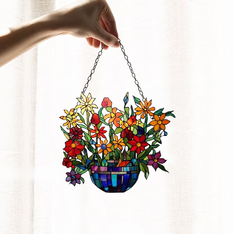 Yellow Flowers Basket – Gift For Friends, Family Members – Window Hanging Suncatcher Ornament