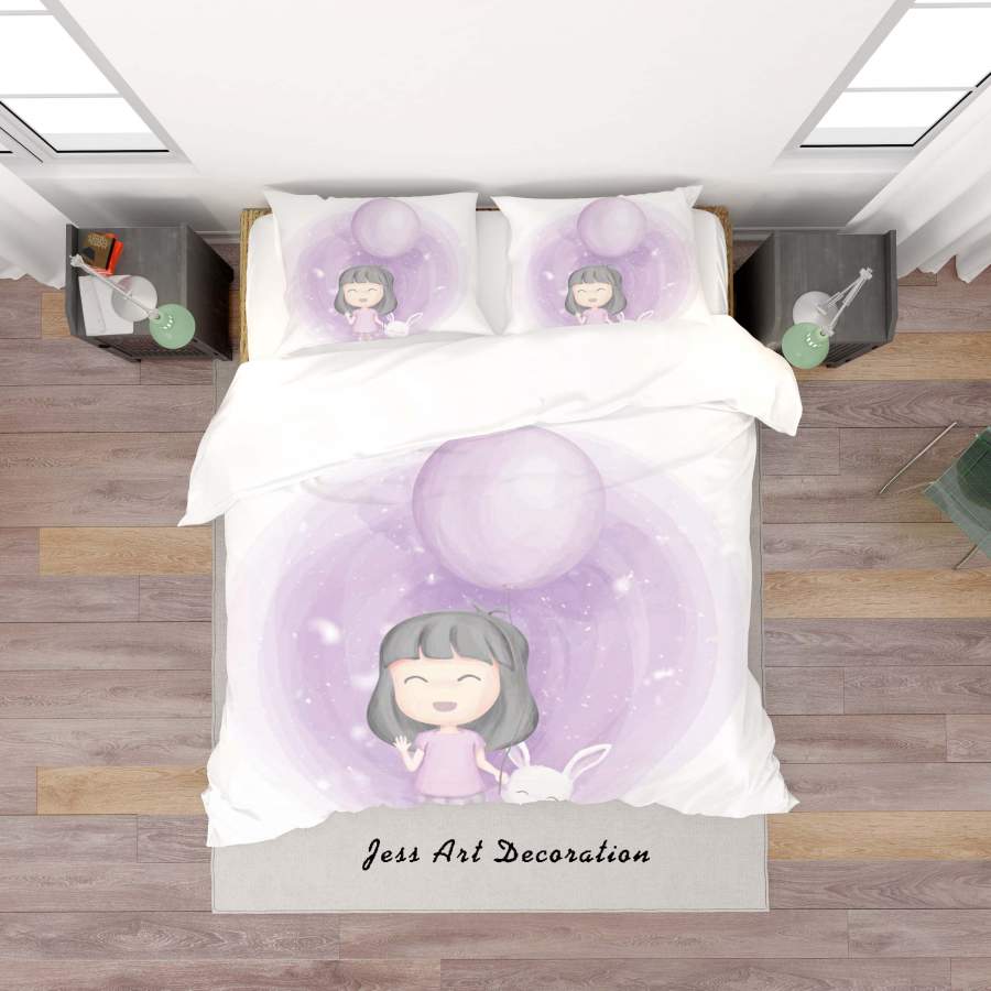 3D White Purple Girl Rabbit Balloon Quilt Cover Set Bedding Set Duvet Cover Pillowcases SF85