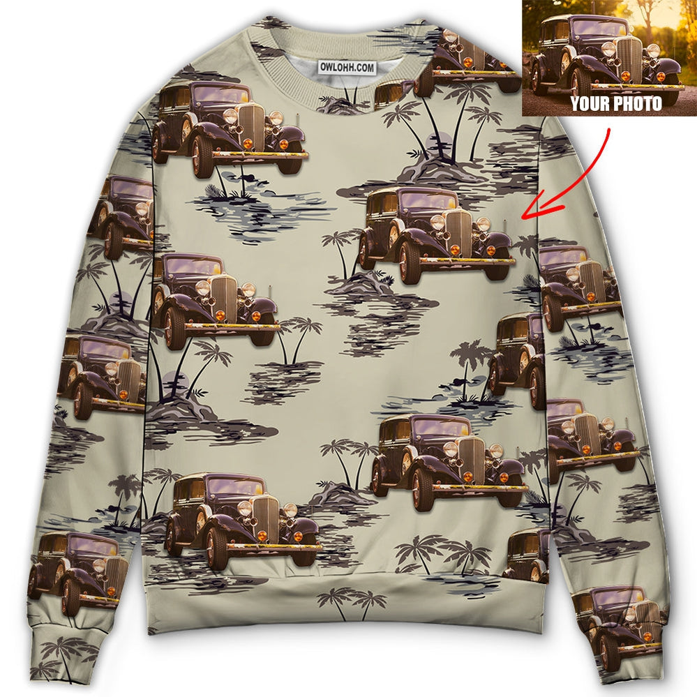 Vintage Car Deserted Island Pattern With Palm Trees Custom Photo – Sweater  – Ugly Christmas Sweaters  – Owl Ohh