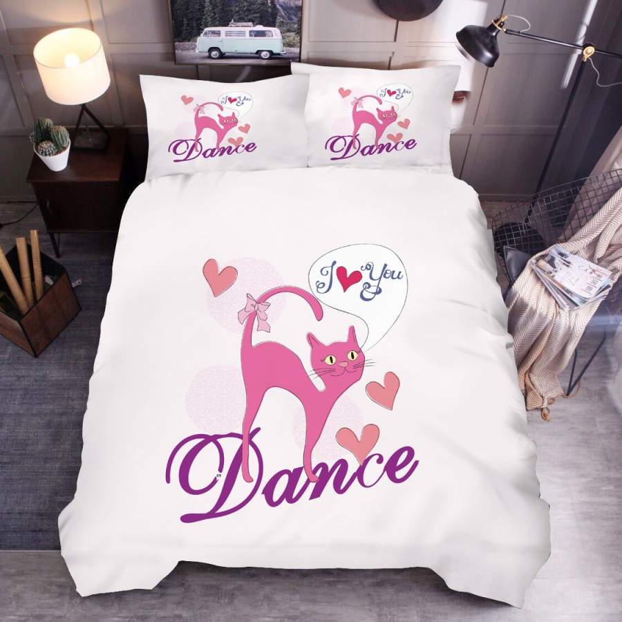 3D Pink Cartoon Cat Kitty Dance Quilt Cover Set Bedding Set Duvet Cover Pillowcases SF38